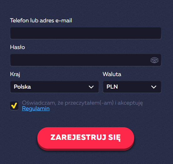 Rejestracja nowego gracza – formularz z danymi logowania i przyciskiem Zarejestruj się